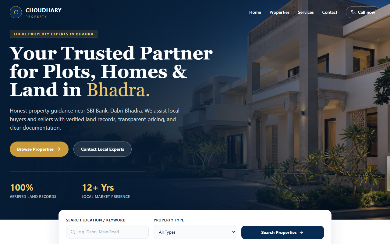 Choudhary Property Real Estate Homepage Snapshot